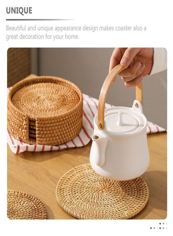 UTHCLO Natural Woven Rattan Coaster Set of 6 with Holder Heat-Resistant Drink Coasters for Tabletop Protection Rustic Wicker Placemats for Kitchen Living Room Outdoor Use - Image 5